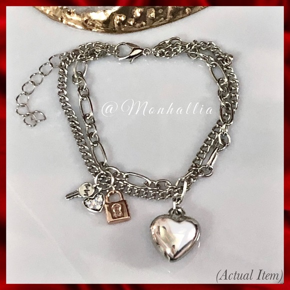 New 14k white gold keys to my heart double chain trinket heart charms bracelet - Picture 5 of 5